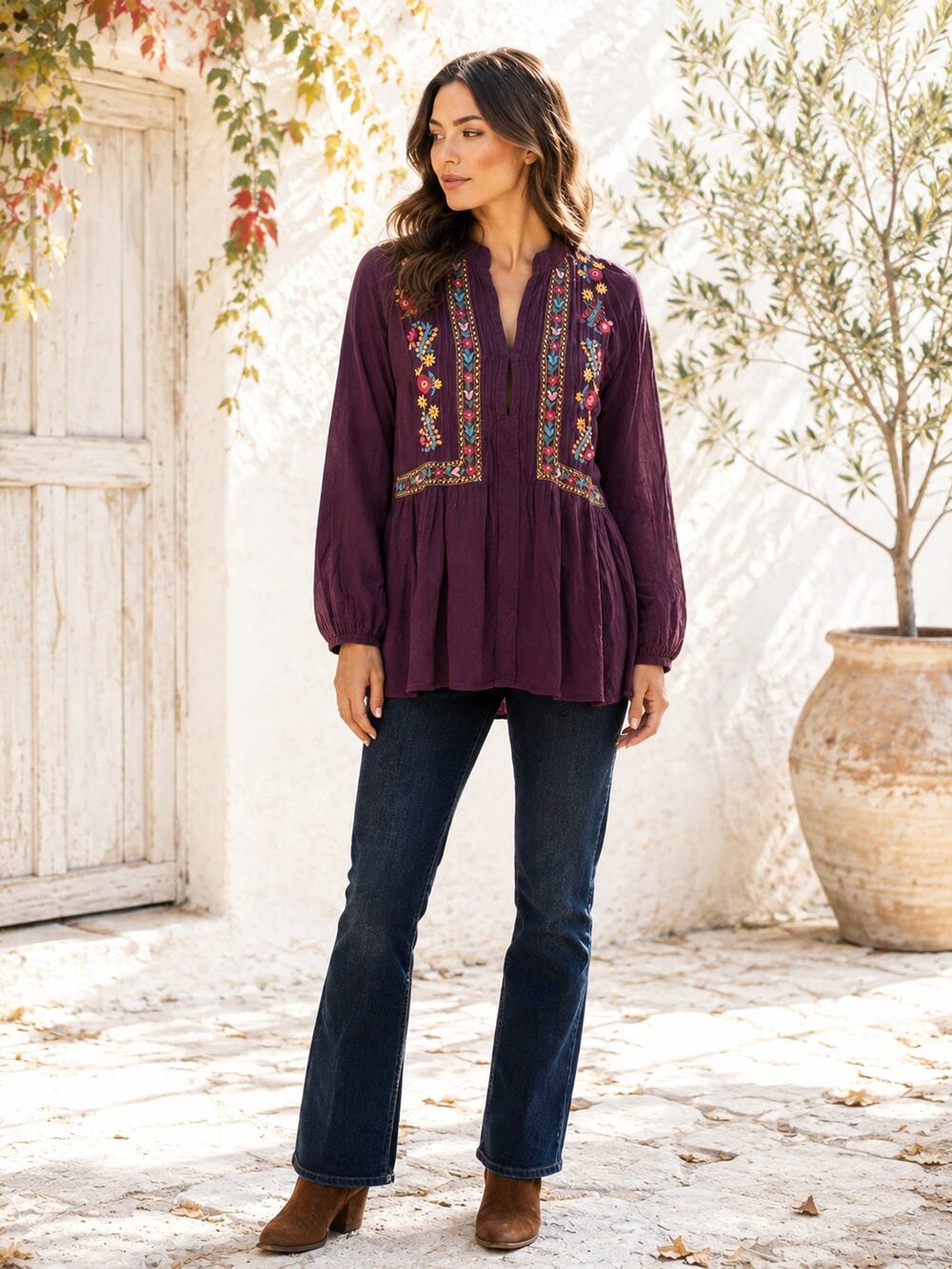 Johnny Was Blouse Womens S Burgundy Embroidered Floral Boho Tunic Peasant Top